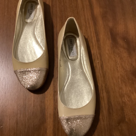 Jimmy Choo Nude Patent Leather Glitter Cap Toe Whirl Flats - Picture 6 of 10